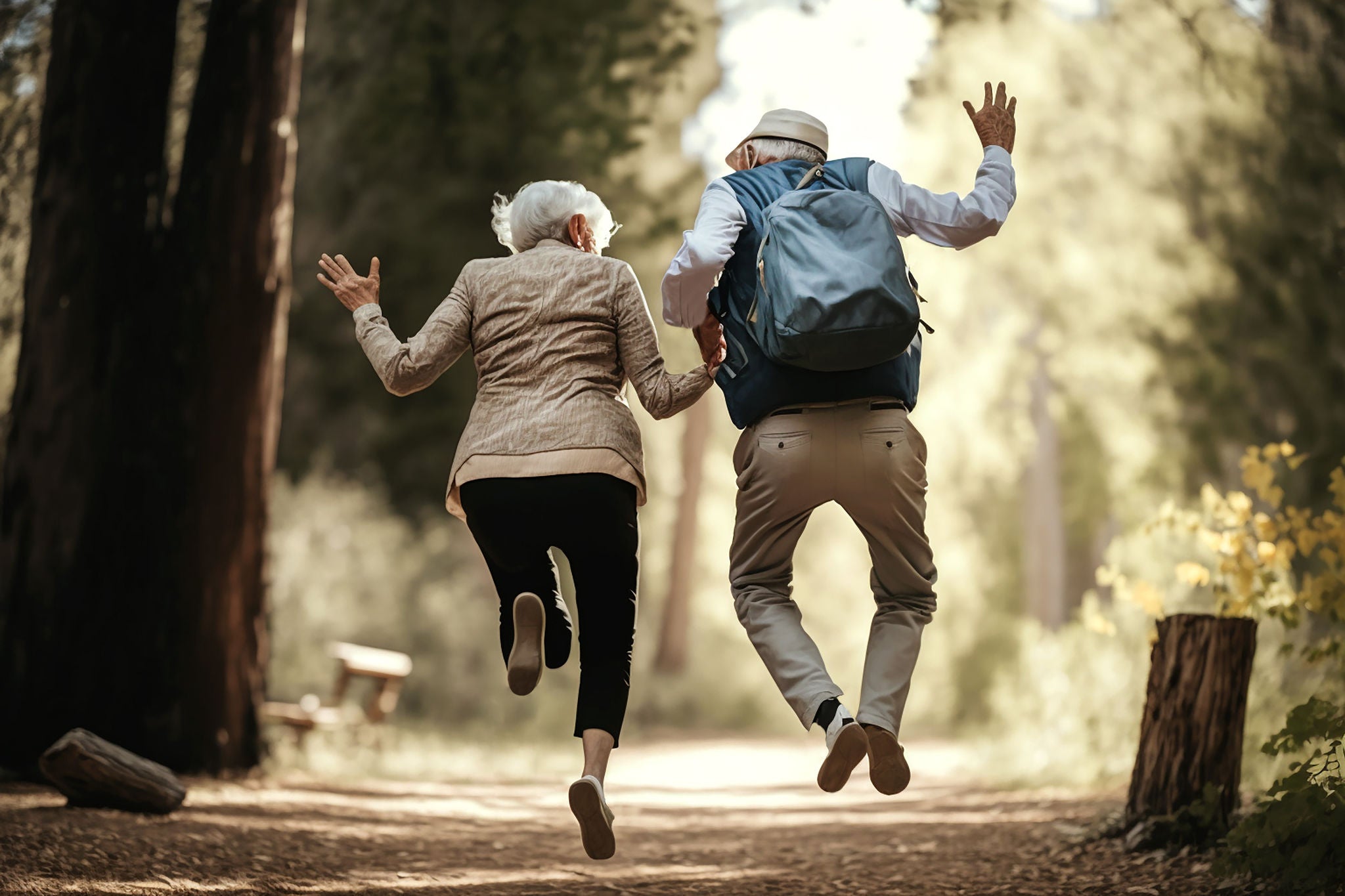 fröhliches Seniorenpaar springt im Park, generative AI, frÃ¶hliches Seniorenpaar springt im Park, generative AI